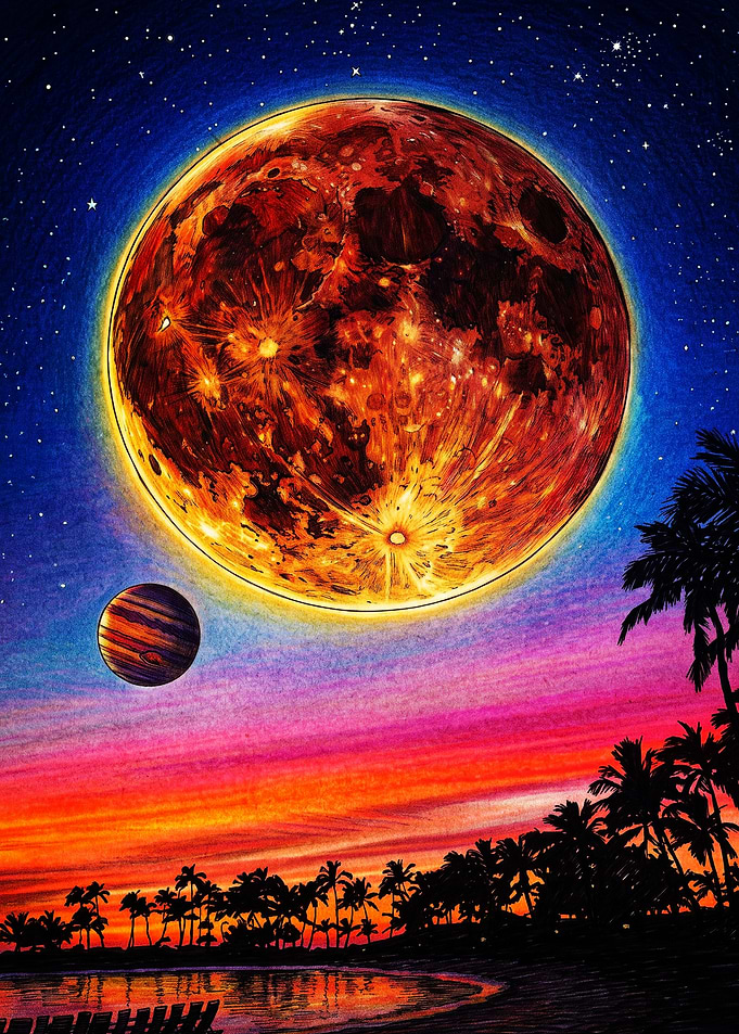 Surreal Tropical Night with Giant Moon