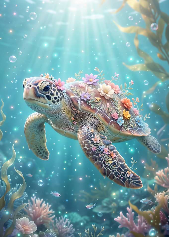 Magical Sea Turtle with Floral Shell