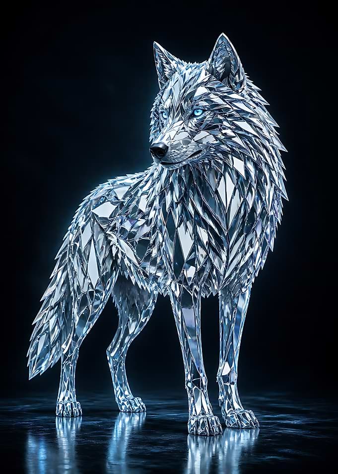 Crystalline Mirror Wolf Sculpture
