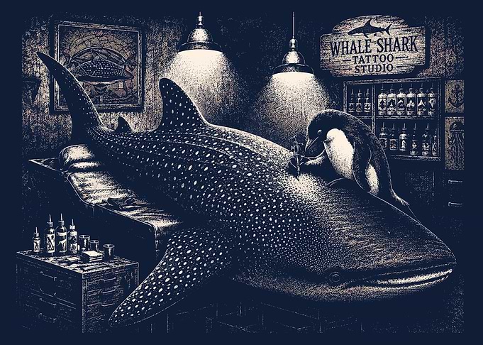 Penguin Tattooing a Whale Shark