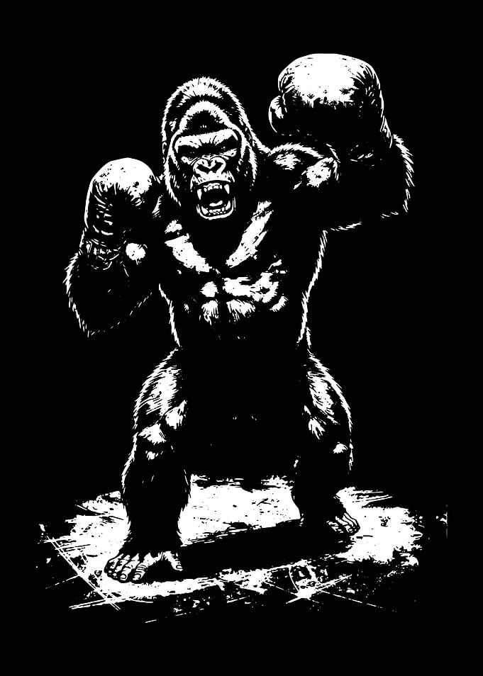 Boxing Gorilla Black and White Illustration