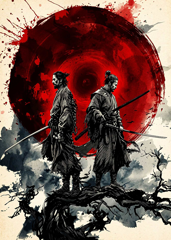 Two Samurai Warriors Under Red Sun