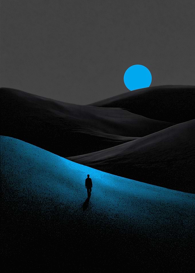 Blue Moon Wanderer in Dark Desert Dunes