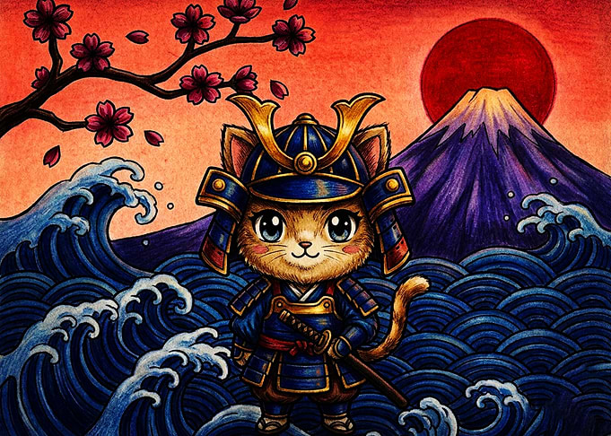 Cute Samurai Cat with Mount Fuji