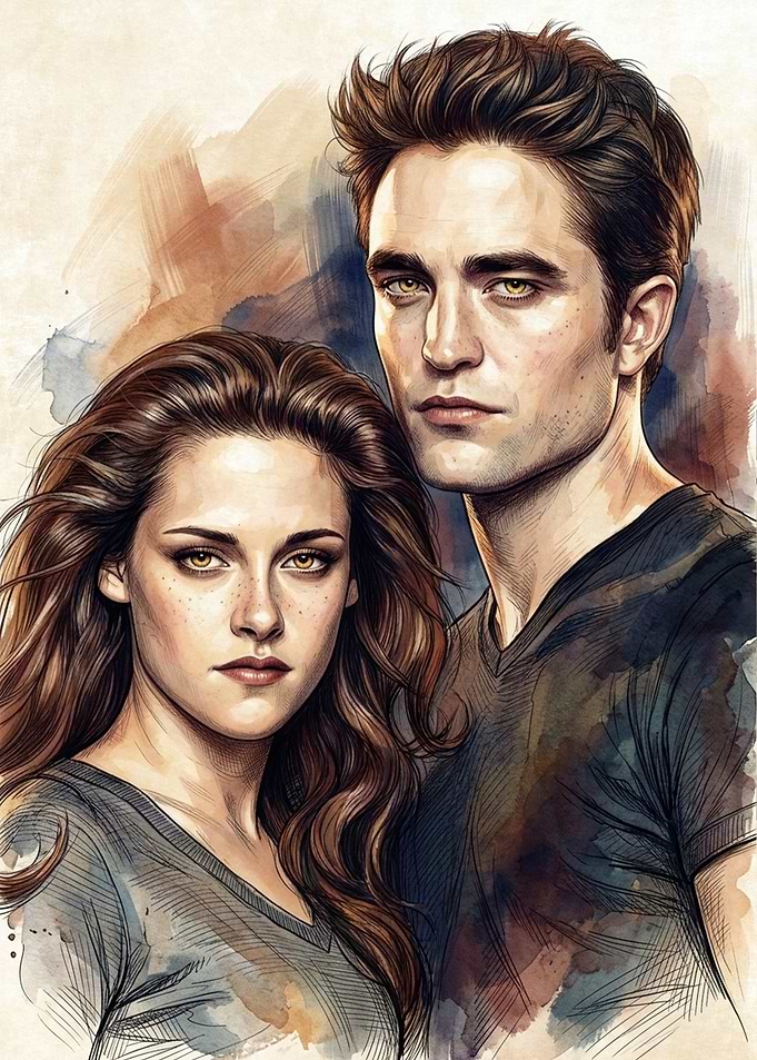 Twilight Bella and Edward Watercolor Portrait