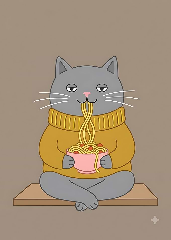 Cute Cat Eating Spaghetti Illustration