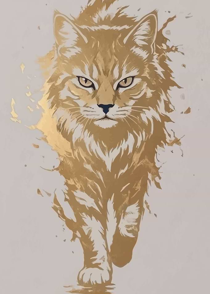Golden Watercolor Maine Coon Cat Portrait
