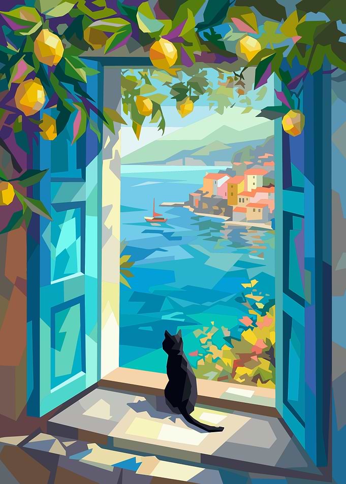 Black Cat Looking at Mediterranean Coast