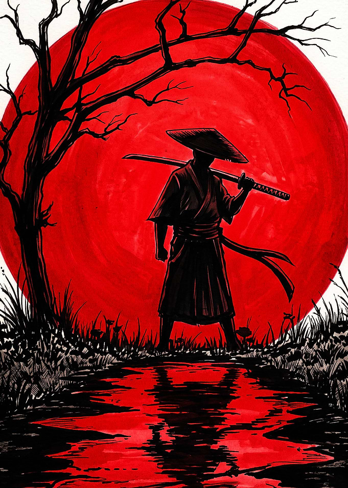 Samurai Silhouette Against Red Sun