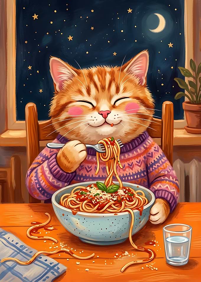 Cute Cat Eating Spaghetti Dinner