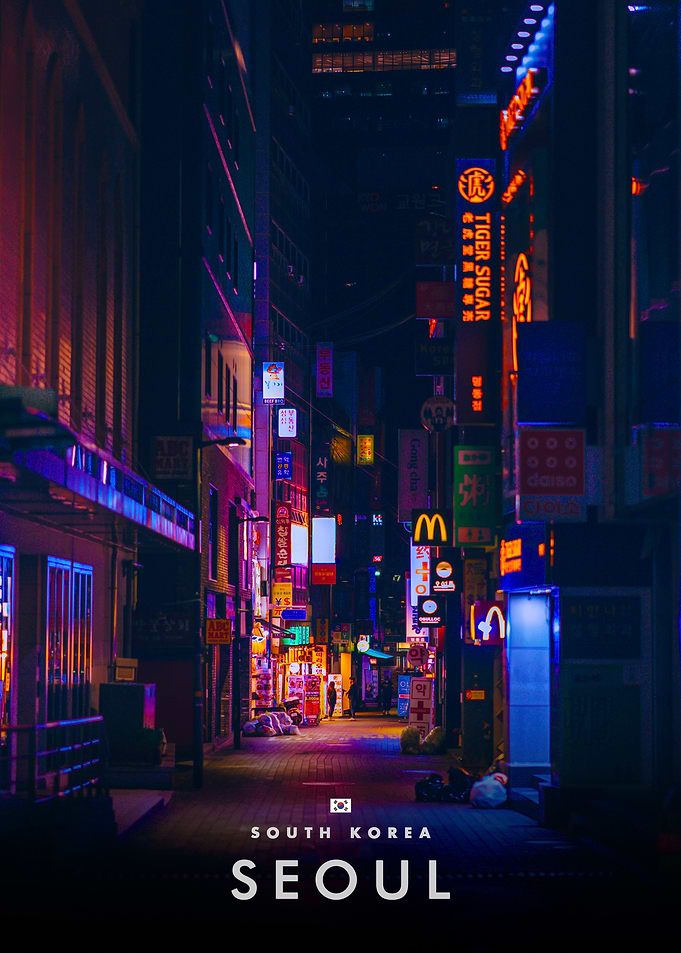 Neon Lit Street in Seoul