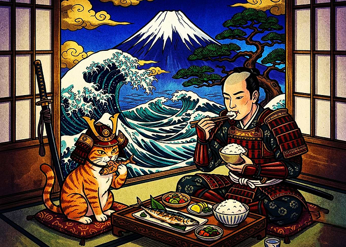 Samurai and Cat Eating Dinner