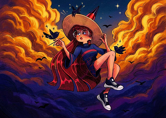 Anime Witch Flying Through Sunset Clouds