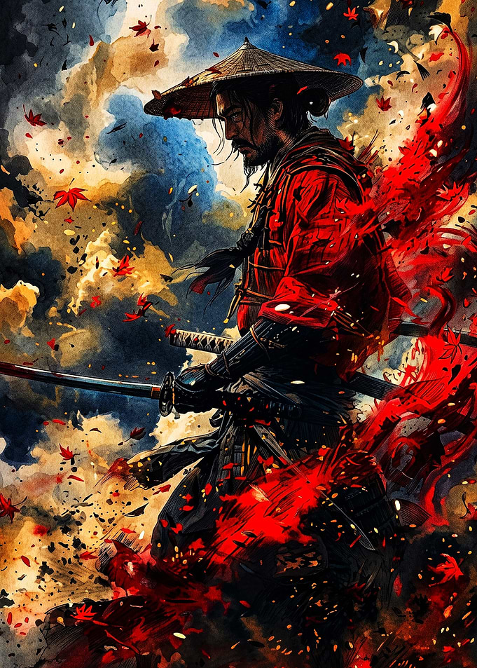 Samurai Warrior Amidst Red Maple Leaves