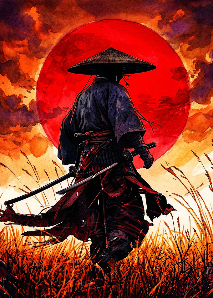 Samurai Silhouette Against Red Sun
