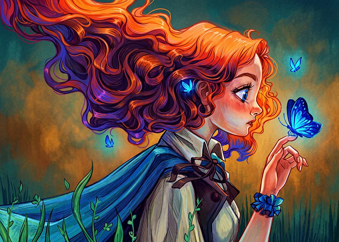 Girl with Glowing Blue Butterflies