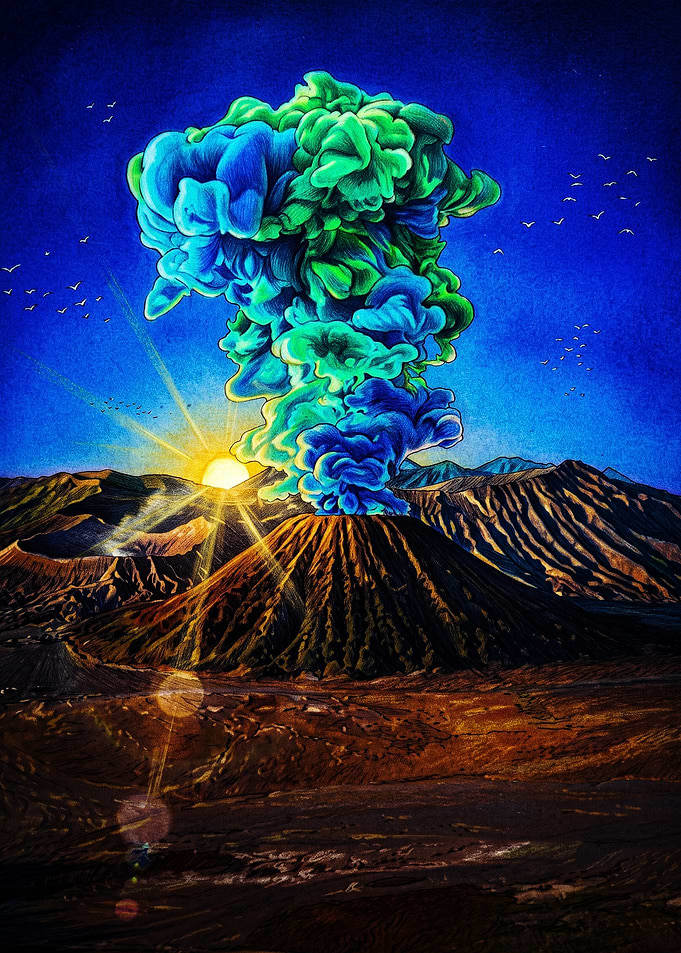 Volcanic Eruption with Colorful Smoke