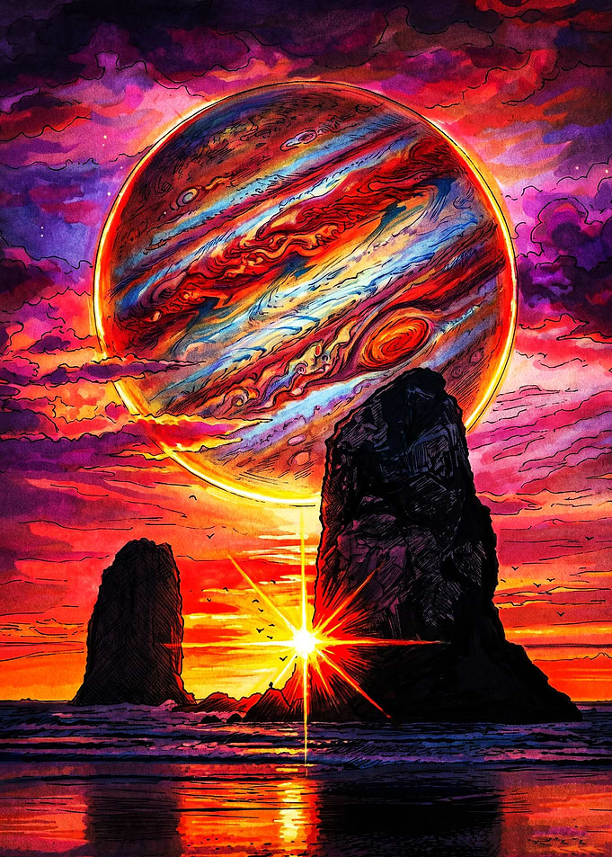 Jupiter Rising Over Coastal Sea Stacks