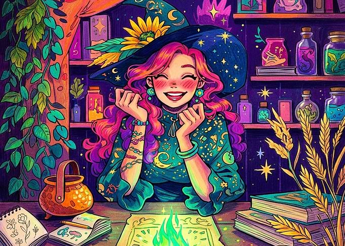 Cheerful Witch in Magical Study