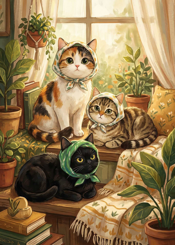 Three Cats Wearing Babushkas by Window