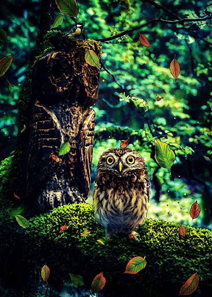 Little Owl and Wooden Owl Statue
