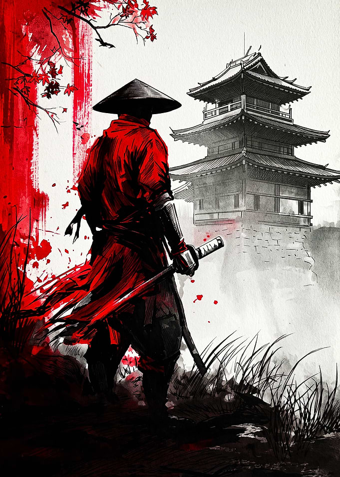 Samurai Warrior Before Japanese Temple