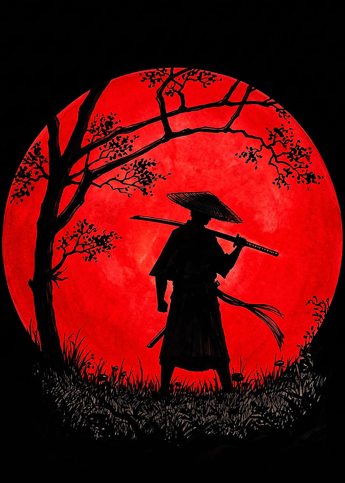 Samurai Silhouette Against Red Moon