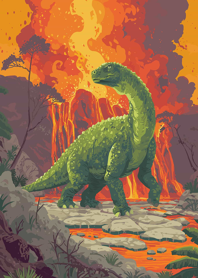 Dinosaur Walking Near Volcanic Eruption