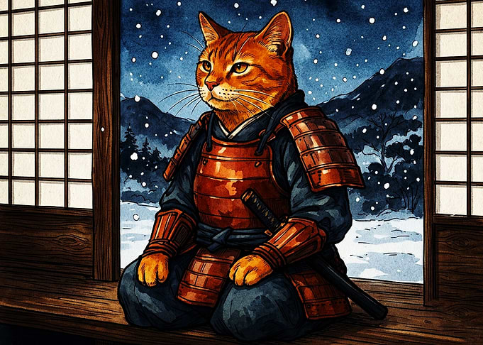 Ginger Cat Samurai in Winter
