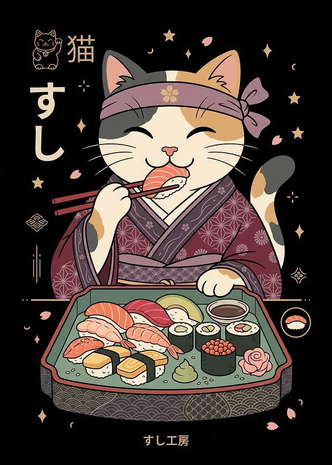 Cute Calico Cat Eating Sushi Illustration