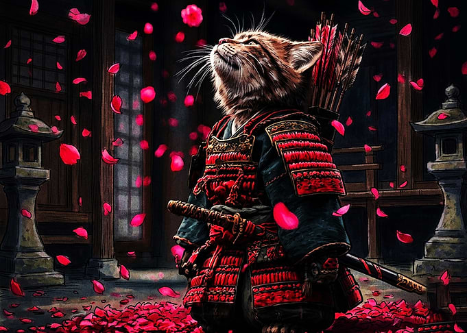 Samurai Cat in Cherry Blossom Rain