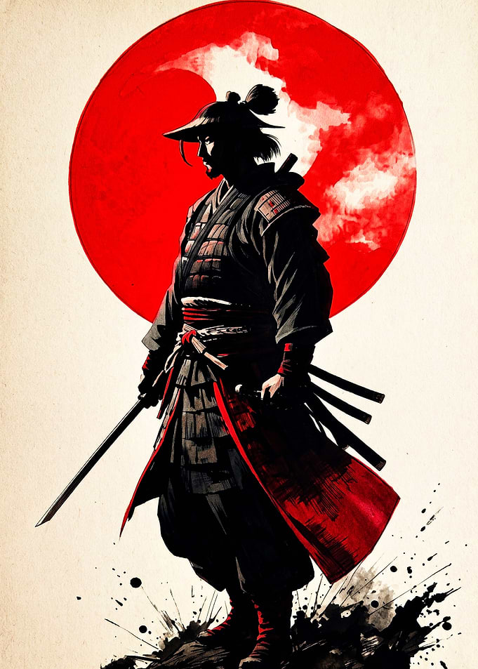 Samurai Warrior Against Red Sun