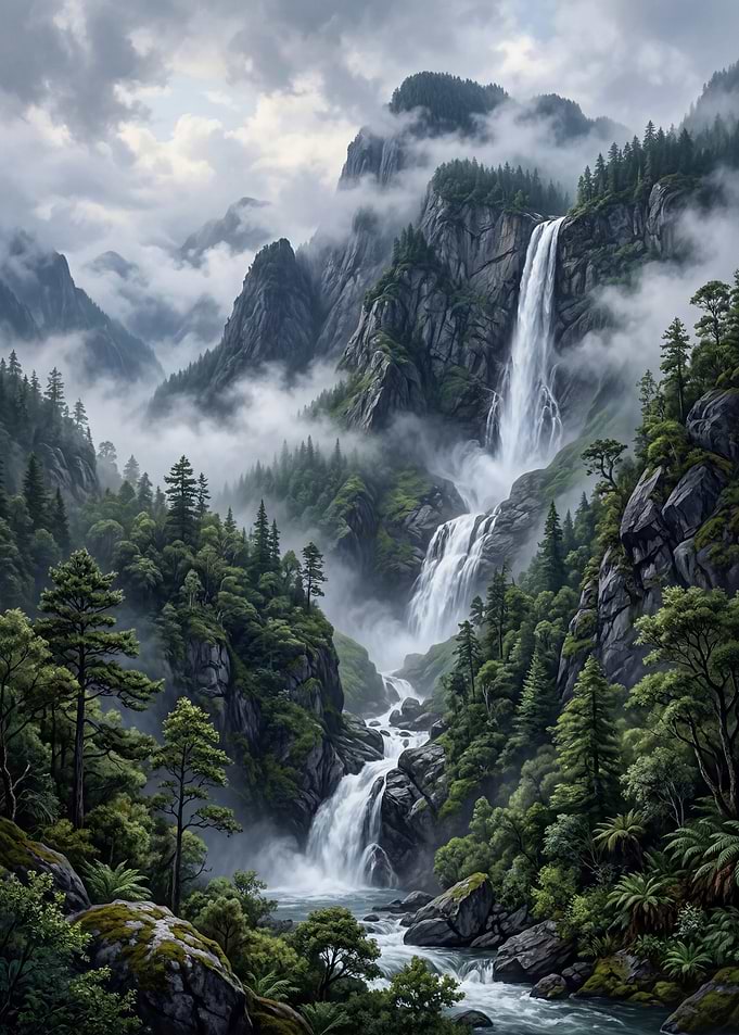 Misty Mountain Waterfall Landscape