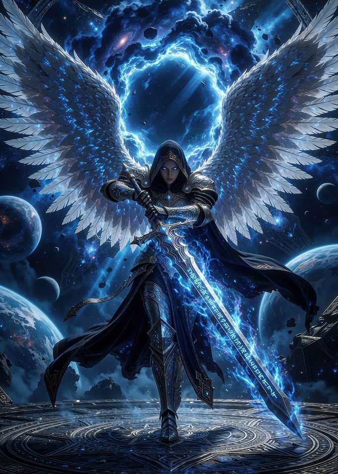Cosmic Angel Warrior with Glowing Sword