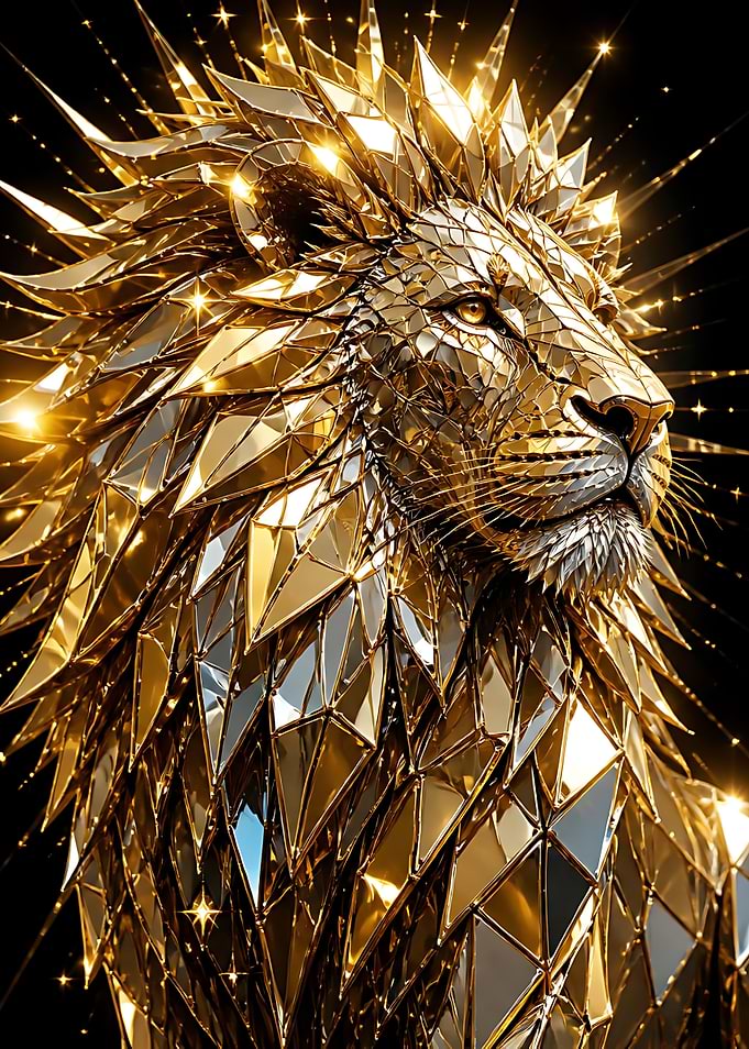 Golden Geometric Crystal Lion Portrait