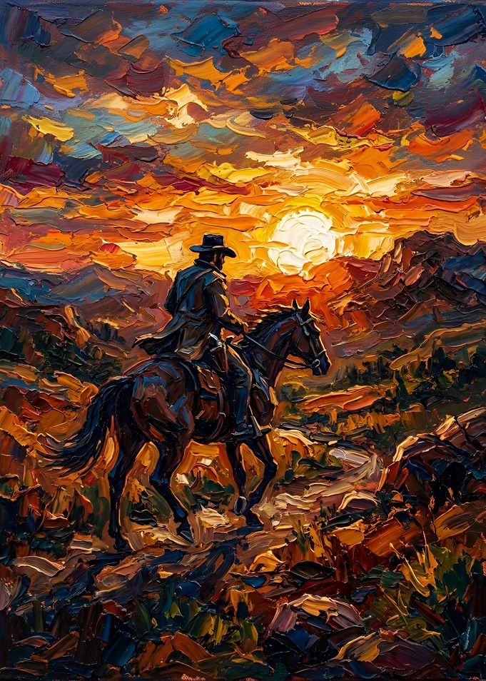 Western Outlaw Sunset Impasto Art