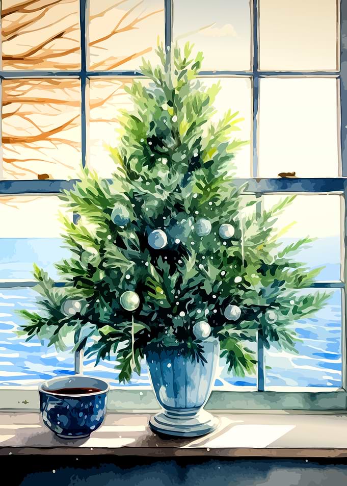 Small Potted Christmas Tree by Window