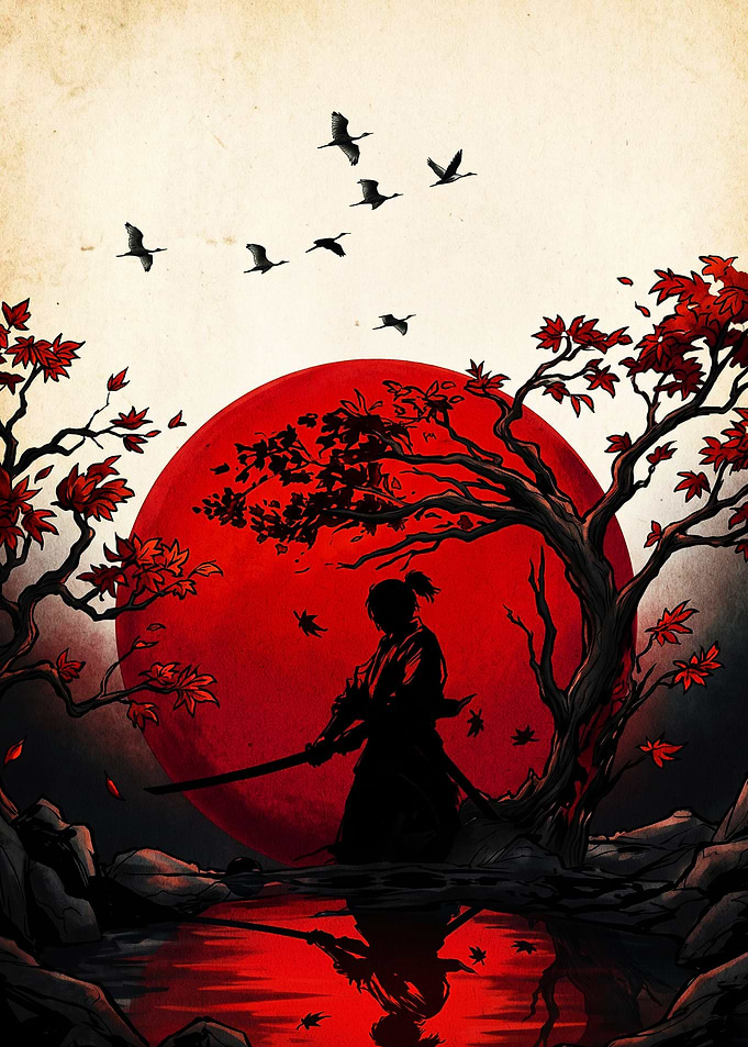 Samurai Silhouette Under Red Moon