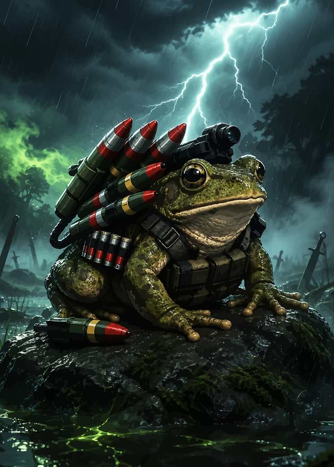 Armed Battle Toad in Stormy Swamp