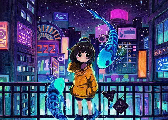 Anime Girl with Neon Ghost Fish
