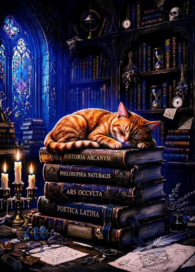 Sleeping Ginger Cat on Ancient Books