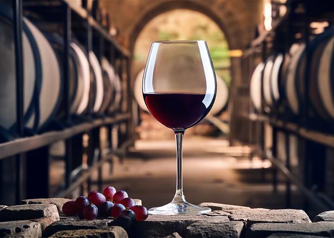 Wine Glass and Grapes in Wine Cellar