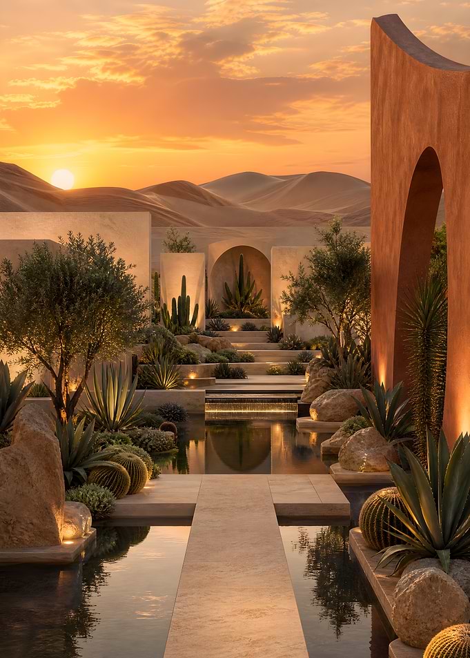 Desert Oasis Sunset Architectural Landscape
