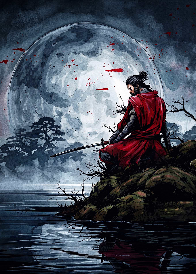 Samurai Warrior Under Full Moon