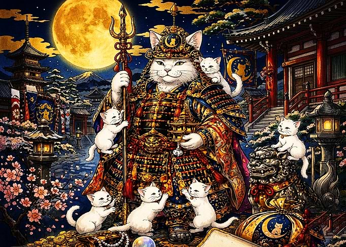 Samurai Cat Warrior with Kittens