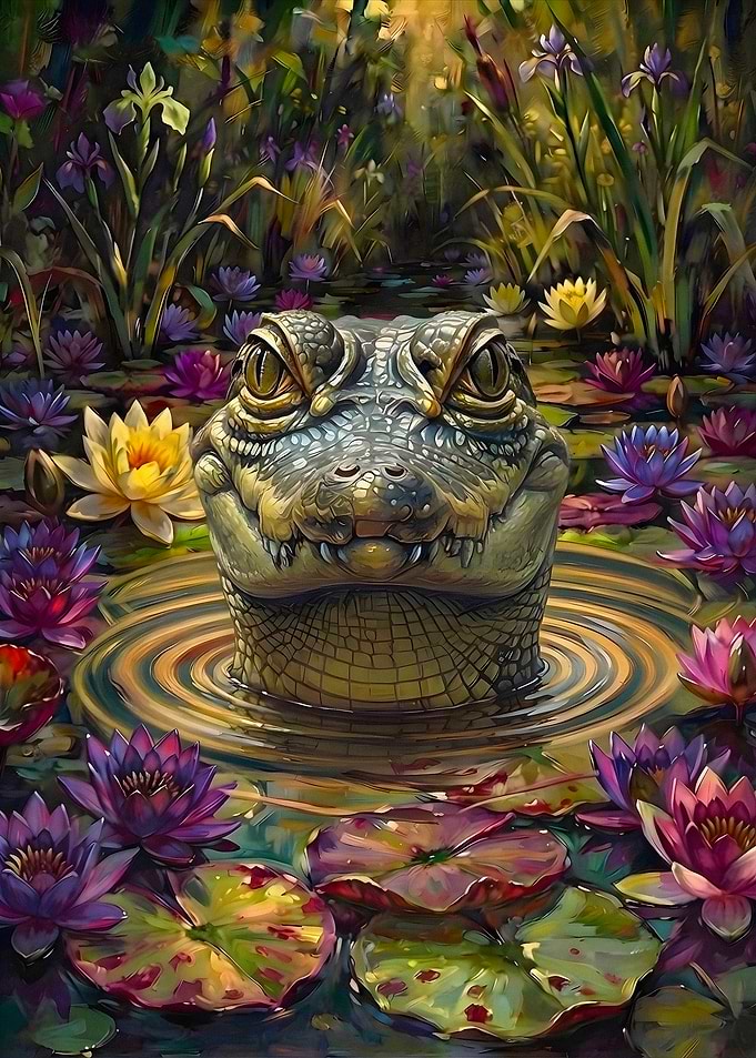 Alligator in a Vibrant Lotus Pond