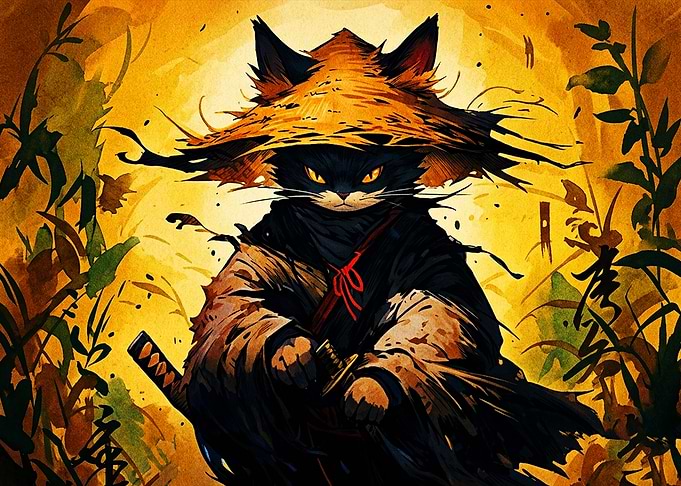 Samurai Cat Warrior in Golden Forest