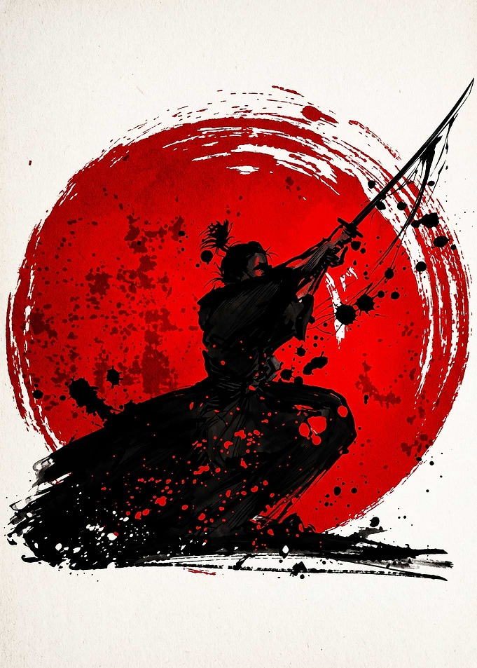 Samurai Silhouette with Red Sun