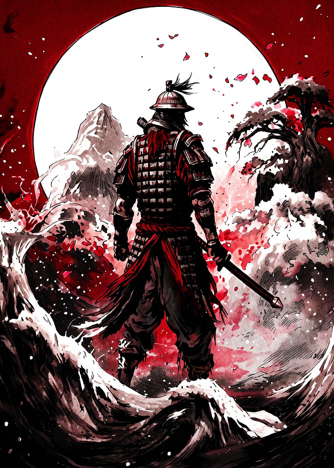 Samurai Warrior Before Red Moon