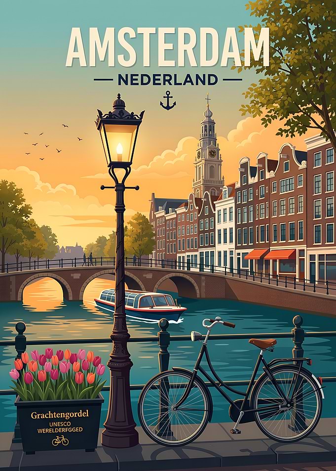 Amsterdam Canal Sunset Travel Poster